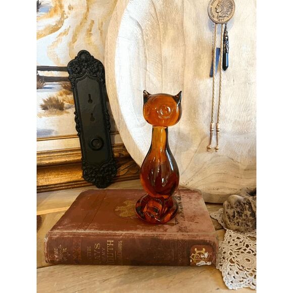 Vintage Viking Glass Amber Cat Figurine – MCM Paperweight – 1970s - Picture 1 of 5